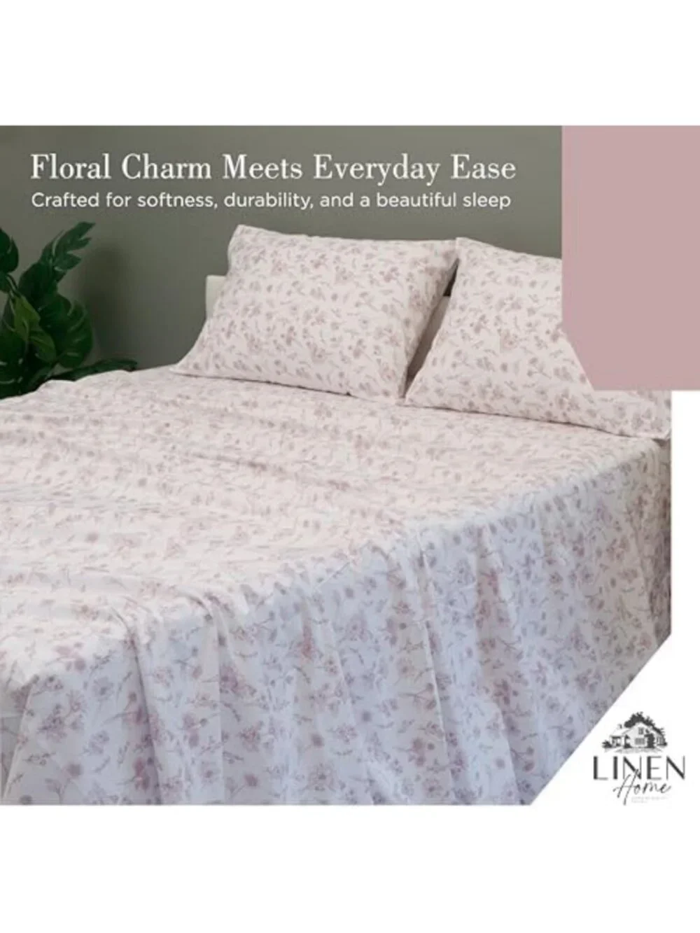 Queen Cotton Percale Sheet Set - 100% Linen, Mauve Botanical Print, Soft